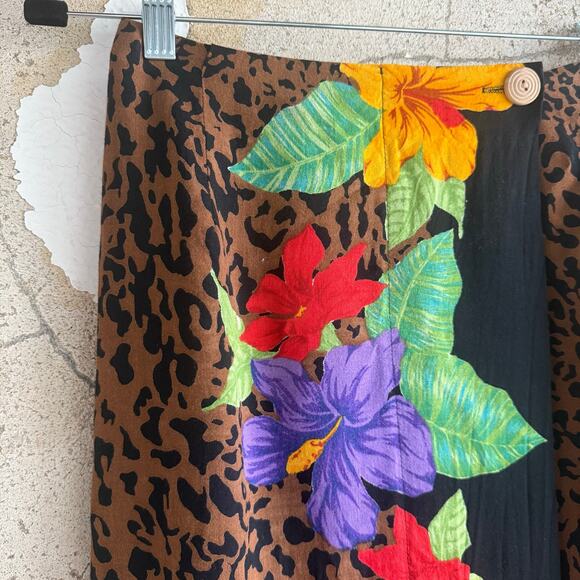 Vintage Wrap Skirt Leopard Print Midi Tropical Floral Flowy Rayon 90s Maximalist - Picture 2 of 6